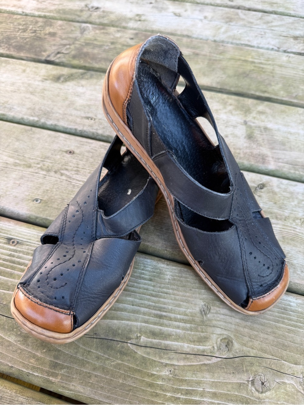 Rieker Women's EU 37 Black Brown Leather Comfort Slip-On Sandals